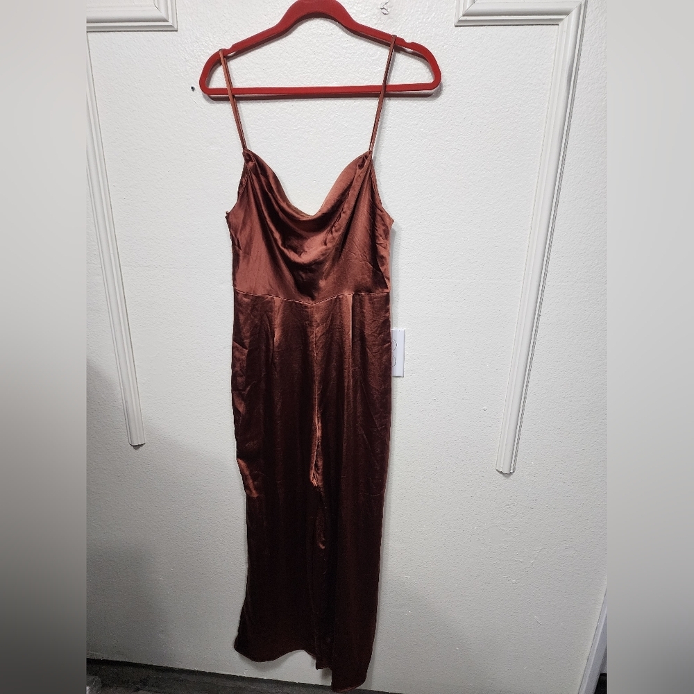Lulus Perfect Night Brown Satin Cowl Neck Culotte Jumpsuit S Wedding Party - Picture 6 of 12